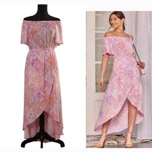 EMILY WONDER NWT Off-Shoulder Pink Patchwork Midi Dress, Women's Size Large